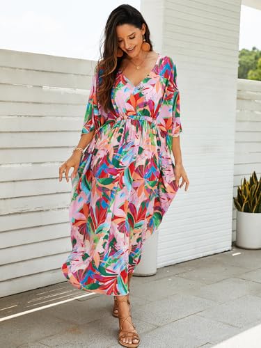 Image of Moss Rose Kaftan Dresses for Women V Neck Summer Swimsuit Cover up Caftan Maxi Beach Dresses