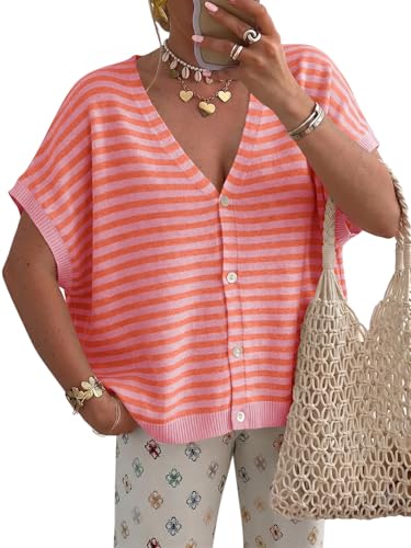 Image of Saodimallsu Womens Summer Oversized Cardigans Batwing Short Sleeve Lightweight Button V Neck Casual Knit Sweater Tops