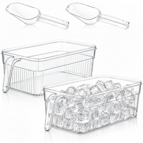 Image of Havawish Ice Storage Bin and Flexible Scoop Set Plastic Freezer Bin with Pull out Handle Storage Bucket Clear for Container with Scoop(White,12.6 x 6.3 x 4.33 in,Stripe)