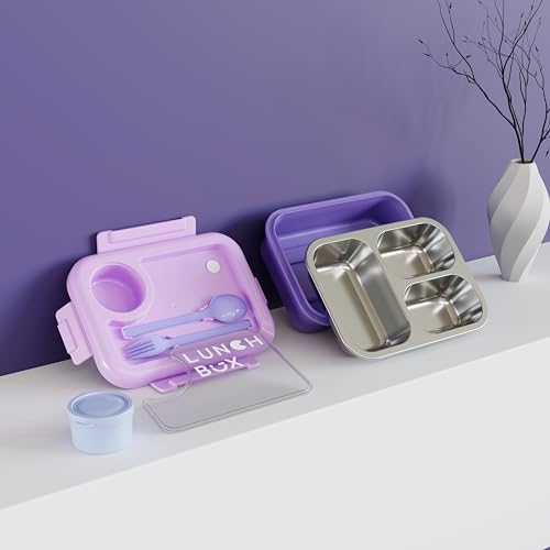 Image of Bento Lunch Box for Kids & Adults, Stainless Steel 3 Section Leakproof Lunch Container with Cutlery, BPA Free Tiffin for School College Office Travel (Purple)