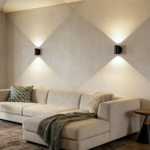 Image of Tubicen Up Down Wall Sconce Indoor Dimmable Movie Theater Lights Hardwired | 7W Bright LED Cylinder Wall Sconces Modern Interior Wall Light for Living Room Home Theater Hallway Stairs 3000K 5.4 inchH Black