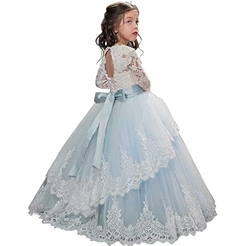 Vintage Princess Floral Lace Long Sleeves Flower Girls Dresses (2, Light Blue) Cover