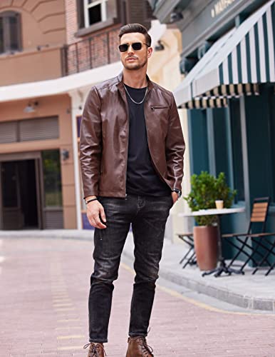 Coofandy Men's Casual Lightweight Leather Jacket Long Sleeve Stand Collar Faux Leather Coat Fall Winter Warm Outwear #TOP2