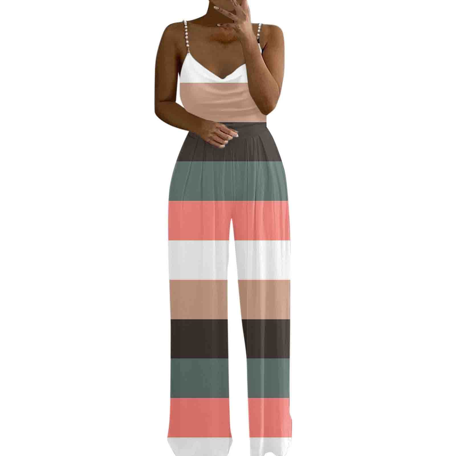 ADMAY Mono y Peleles Jumpsuit para Mujer 2023 Casual Mono casual de mujer con estampado a rayas de color dos perlas con escote corazón y cuello en V de cintura alta, pantalones de verano, mamelucos Chaqueta