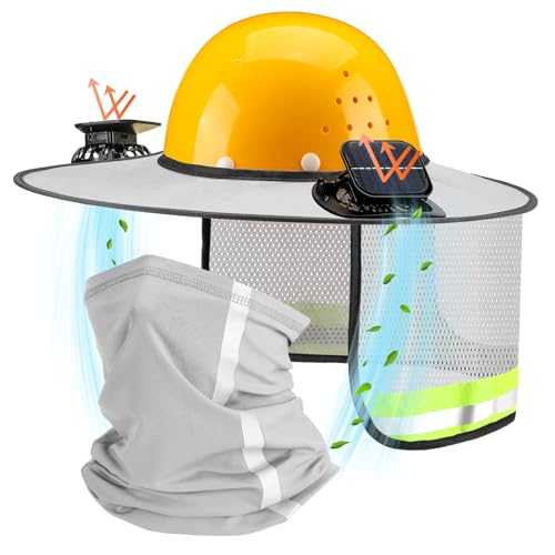 Croknit 2 Pcs Sun Hard Hat Neck Shield Shade Full Brim Hard Hat with Solar Fan Hardhat Sun Shield Visor with High Visibility for Construction Helmet Hardhat Accessories, Reflective(Light Gray)