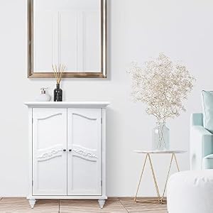 Teamson Home Versailles Wooden Freestanding Floor Storage Cabinet with 2 Adjustable Interior Shelves 3 Storage Spaces and 2 Floral Scroll Doors White
