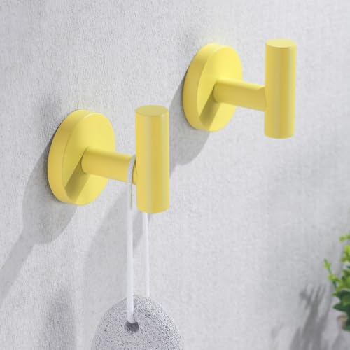 Image of SEABEFORE Towel Hooks for Bathrooms,Yellow Wall Mount Hooks SUS 304 Stainless Steel Coat Hook Robe Hook Towel Hook 2 Count for Kitchen,Bedroom (Drilling),96006-8YL