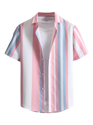 GORGLITTER Men's Beach Vacation Shirts Button Up Short Sleeve Color Block Striped Collar Tops Shirts