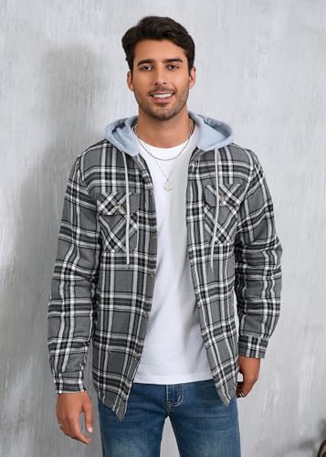 Men's Quilted Lined Flannel Shirt Jacket Button Down Flannel with Hood Lightweight Quilted Jackets for Men3