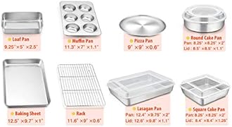 TeamFar Bakeware, Stainless Steel Bakeware Set with Baking Sheet and Rack, Lasagna Pan with Lid, Square & Round Cake Pan with Lid, Muffin Pan & Loaf Pan, Pizza Pan, Healthy & Dishwasher Safe
