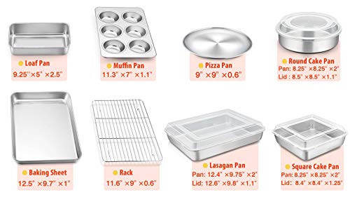 Teamfar Bakeware, Stainless Steel Bakeware Set With Baking Sheet And Rack, Lasagna Pan With Lid, Square & Round Cake Pan With Lid, Muffin Pan & Loaf Pan, Pizza Pan, Healthy & Dishwasher Safe #TOP1