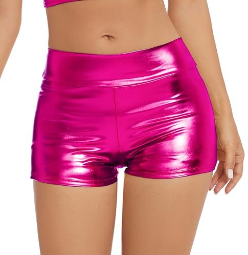 Gatielzana Women's Metallic Rave Booty Shorts Shiny High Waisted Bottoms for Dance Festival, Hot Pink, M