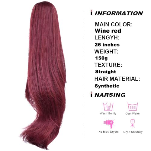 PORSMEER Ponytail Extension Wine Red Drawstring Pony tail Hair Extensions 26 Inch Long Natural Straight Wavy End Synthetic Hairpiece for Women Girls Daily Use - Image 3