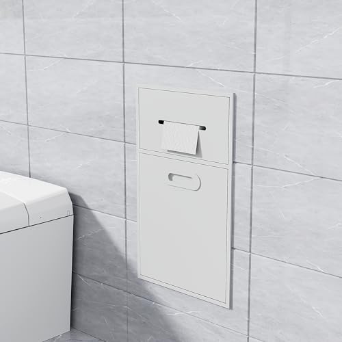 SUPERFLO 4.6 Gallon Bathroom Trash Can Tilt Out Trash Bin Cabinet, Hidden Trash Can Cabinet Recessed Wall Mounted Stainless Steel with Toilet Paper Holder for Bathroom/Bedroom/Office Renovation,White