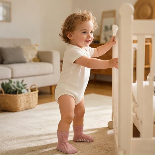 Image of Toddler Non Slip Cotton Crew Socks with Grips for Baby Boys Girls