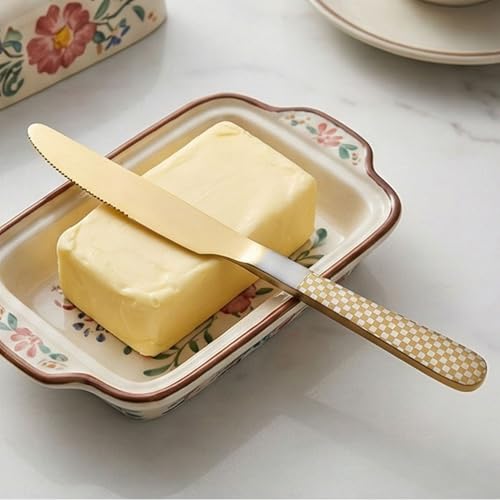 Image of 9 inch Aurum Gold Steak Knives Set of 5 with Checks Printed Handle ? Durable Stainless Steel Dinner Knife, Mirror Polished Silverware, Perfect for Home, Restaurant, and Gifting