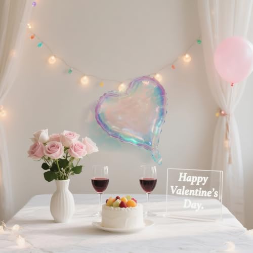 Image of 18 Inch Clear Transparent Iridescent Heart Balloon, Love Rainbow Crystal Heart Shaped Balloons for Valentines Day Wedding Bridal Shower Baby Shower Birthday Party Decorations Supplies