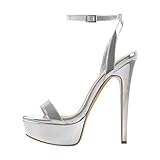 onlymakerheels Platform Stiletto High Heels for Women, Round Open Toe Ankle Strap Sexy Heeled Sandals for Wedding Party Dress Silver Size8