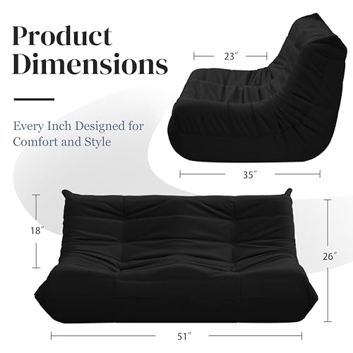 Image of Bean Bag Chair, Loveseat Fireside Chair Bean Bag Sofa for Adults, 2 Seater Bean Bag Chairs for Teens with High-Resilience Foam, Memory Foam Bean Bag for Living Room, Bedroom, Office (Suede, Black)