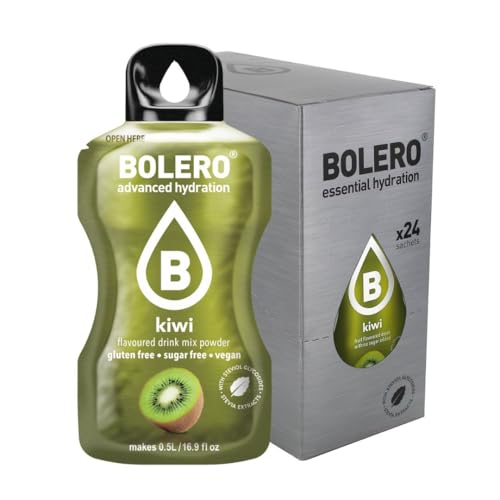 Bolero Drink 24 Bolsitas 3 gr gramos Palos Frutas Preparado Polvo Soluble para Bebidas Frescas en Agua Producto, 72 gramos Edulcorado con Stevia (Kiwi)