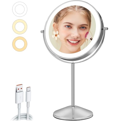 AumVum Specchio da trucco da 8 pollici con illuminazione, 1 x 10 x specchio da tavolo, ricaricabile USB, 3 colori di luce e dimmerabile, girevole a 360° per trucco, rasatura e cura della pelle