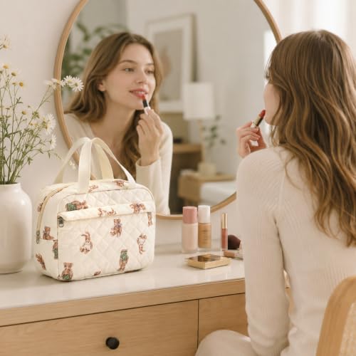 Image of MAYCREATE Large Quilted Makeup Bag Floral Cotton Travel Cosmetic Organizer with Handle for Daily Use and Trips