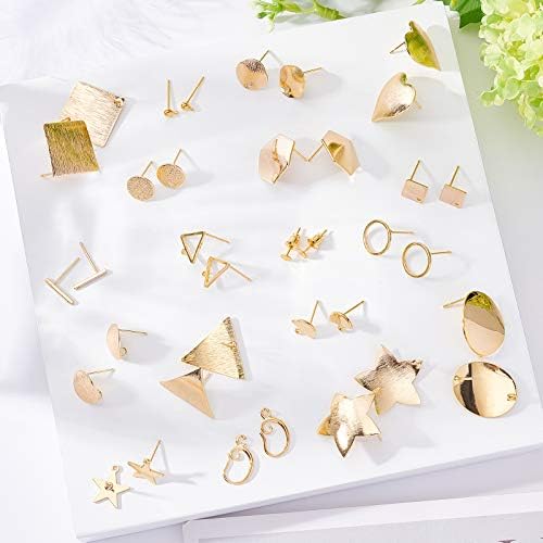BENECREAT 24PCS 18K Gold Plated Earring Studs 12 Mixed Shape Brass Post Stud with Hoop for DIY Earring Making Supplies