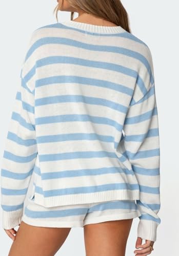 Women Striped Oversized Lounge Sets 2 Piece Long Sleeve Knit Sweater Top Mini Shorts Color Block Pajama Set3