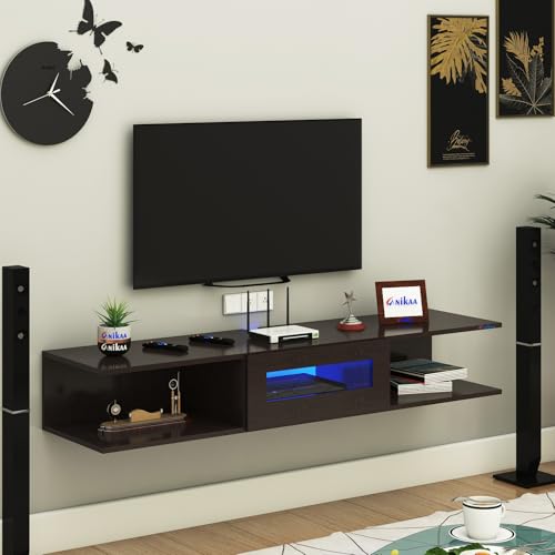 Image of Anikaa Vetra Wall Mount Modern Floating TV Unit for Living Room with Open Shelf Storage Cabinet & Middle Cabinet Blue LED Light (Ideal for 32 to 65 inch TV, DIY Installation, Wenge Finish)