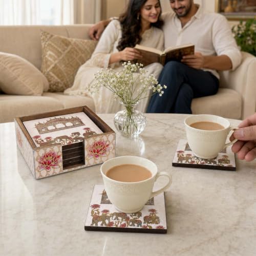 Image of The Earth Store Premium Regal Elephant Wooden Coaster Set of 6 with Matching Holder - Engineered Wood with Resin Art Wooden Coaster | Tea Coaster Set of 6 | Square Coaster Set for Dining Table