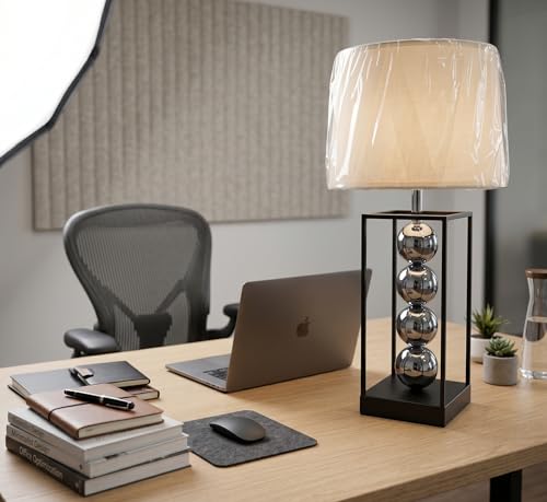 Image of Luxury Modern Table Lamp with Silver Spherical Accents - Contemporary Metal Frame Bedside Light for Living Room, Bedroom & Office - Textured Fabric Drum Shade (Antique Silver & Charcoal)