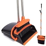 XXFLOWER Dustpan and Brush Sets,Long Handle Broom and Dustpan Set Foldable with Comb Teeth,Soft and Upright Sweeping Brush Set for Commercial Indoor Kitchen Stairs Sweeping Pet Dog Hair(Black Orange)