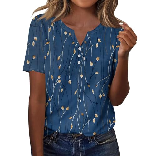 HSUAYEUD Womens Vneck Tshirts Floral V-Neck Button Down T Shirts for Women Casual Shirts Graphic Tees Summer Tops Blue Large