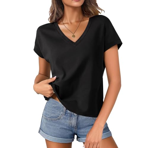 Oymyakon Women Cotton Cap Sleeve Tops Cropped V Neck T Shirts Boxy Tee Shirt Loose Fit Short Sleeves Casual Summer Blouse