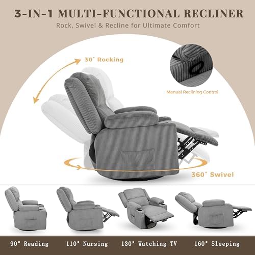 IKAKOS 360° Swivel Rocker Recliner Chair with Heat & 8-Point Massage, Oversized Manual Nursery Glider Recliner with USB Port, Cup Holders, Storage Pockets, 400 lbs Capacity (Light Grey) — view 3
