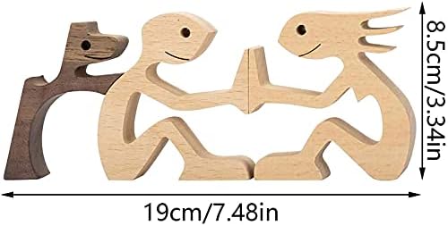 Family Puppy Wooden Carving Ornaments, Natural Solid Wood Pet Dog Family Crafts Sculpture, Hand-carved Figure Creative Gifts for Home Office Desktop (Couple and Dog)