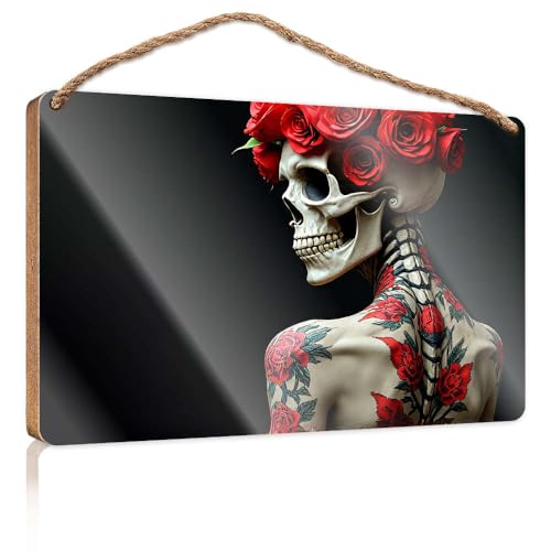 Image of Wood Door Sign Skeleton Adorned With Vibrant Red Rose Tattoos. Bar Signs For Home Decor Posters For Teens(15X28CM)