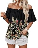 Bebonnie Dressy Off The Shoulder Tops for Women: Womens Summer Ruffle Sleeve A Line Boho Tropical Boutique Linen Dress Shirts Trendy Fashion Church Funeral Blouses for Apple Shape Body Multi Black M