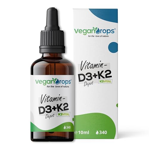 Vegan Drops® - Vitamin D3 & K2 Depot Tropfen - 125mcg Vitamin D (5000 i.E.) & 100mcg Vitamin K2 pro Tagesdosis - 340 Tropfen, 10ml pro Flasche - vegan, ohne Alkohol & in Deutschland