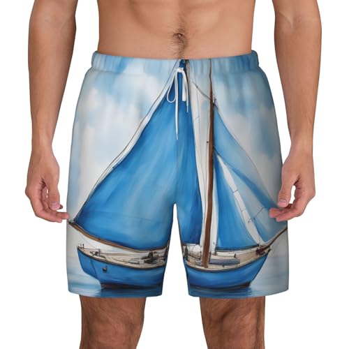 Men's Blue Sailboat Print Quick-Dry Mesh Swim Trunks Stretch Lining Beach Shorts Surfing Summer Vacations2