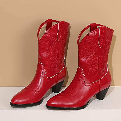 Image of Womens Embroidered Cowgirl Boots Pull On Cowboy Boots for Women Floral Low Chunky Heel Western Boots