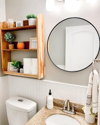 Image of Round Wall Mirror with Durable Wooden Frame - 24 inch (Black) | Modern Decorative Wall Hanging Mirror for Bathroom, Bedroom, Basin, Dressing Table, Entryway & Home Interior Decor