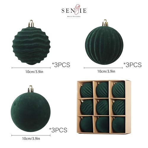 Image of 4In Large Green Velvet Christmas Ornaments Set,9Pcs Flocked Ornaments Balls