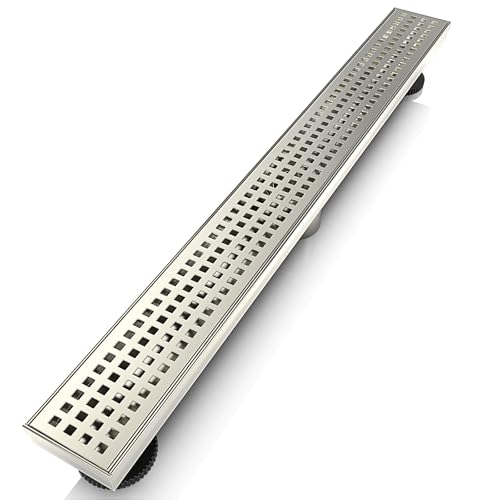 WEBANG 36 Inch Linear Shower Drain Rectangular Floor Drain with Accessories Square Hole Pattern Cover Grate Removable SUS304 Stainless Steel CUPC Certified Brushed Nickel
