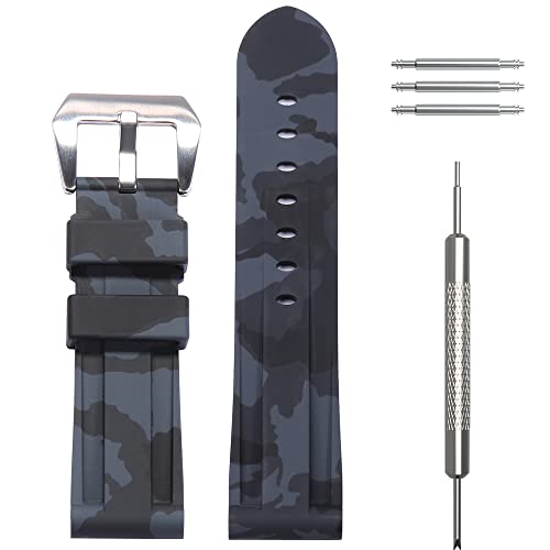 Wristarmor Men's Premium Soft Rubber Watch Band Suitable For Panerai Pam Strap Waterproof Sports Strap -24Mm Camo Black Silver Buckle #TOP2