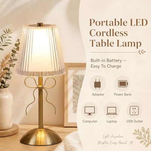 Image of Liliful 2 Pcs Cordless Table Lamp Rechargeable Touch LED Small Gold Portable Battery Operated USB-c Desk Lamp 3 Color Dimmable for Bedroom Living Room Dining (Gold,Hollow Lined Style Bow)