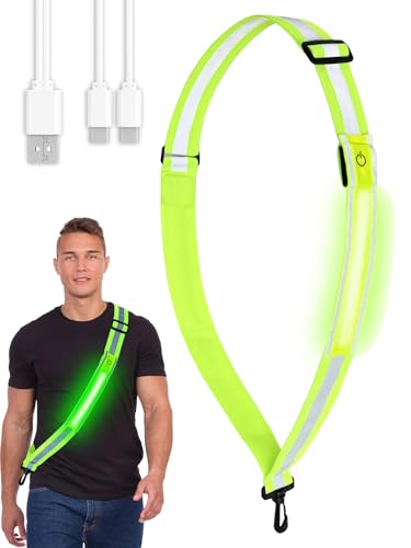 Willingood Lauflicht Joggen mit Reflektoren Gürtel, Wiederaufladbare Reflektierende Gürtelschärpe, USB Verstellbarer Lauflicht, LED Laufgürtel, Nacht Sicherheitslicht für Joggen Laufen Fahrradfahren