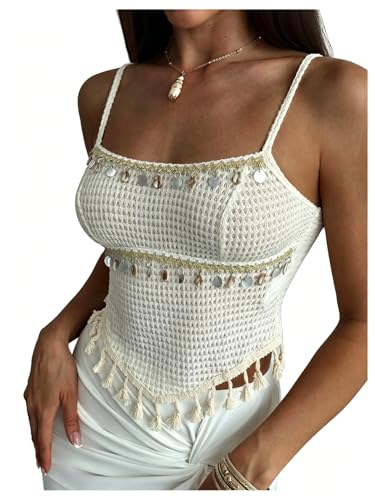 SHENHE Women's Seashell Fringe Spaghetti Strap Boho Asymmetrical Crop Tanks