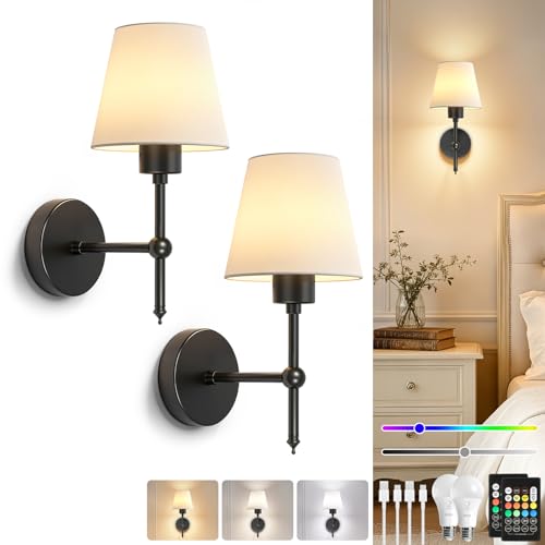 Dehobo Apliques de Pared Interior, Lámparas de Pared LED Recargables con Batería Juego de 2 Lámpara LED Ajustable, 3 Temperaturas 12 RGB, Mando - Ideal Dormitorio Salón Pasillo - Negro
