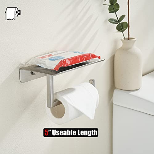 JQK Toilet Paper Holder Shelf, Bathroom Tissue Roll Holder with Phone Shelf, 5 Inch 304 Stainless Steel Tissue Paper Dispenser, Brushed Finished Wall Mount, TPH202-BN-T by JQK - Used condition - Image 3